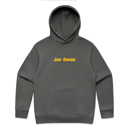 Joe the Goose Apparel charcoal grey cotton blend relaxed fit hooded sweatshirt with kangaroo pocket.