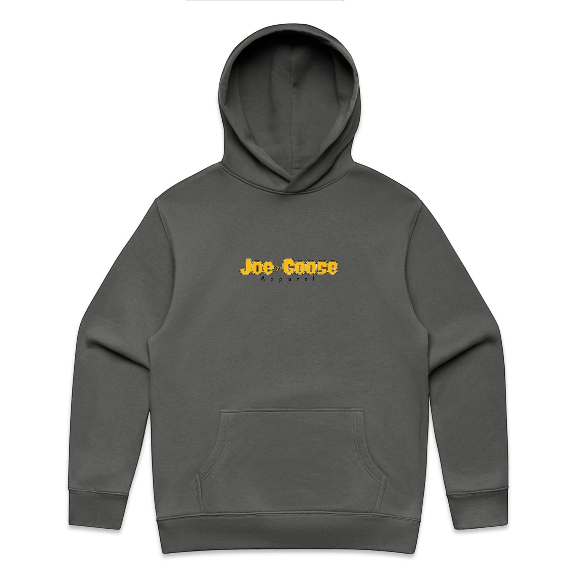 Joe the Goose Apparel charcoal grey cotton blend relaxed fit hoodie with kangaroo pocket and logo