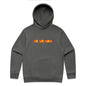 Joe the Goose Apparel charcoal grey hooded sweatshirt with orange and yellow logo graphic on chest. Relaxed fit, cotton-poly fleece.