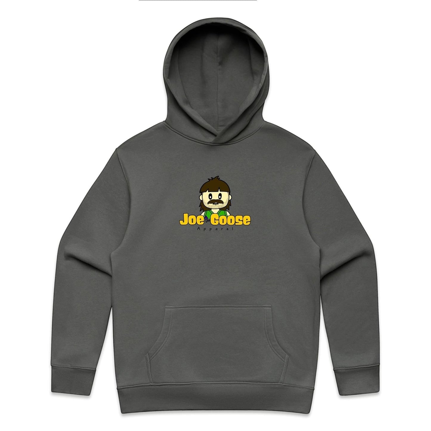 Joe the Goose Apparel charcoal grey cotton blend relaxed fit hoodie with kangaroo pocket and embroidered logo.