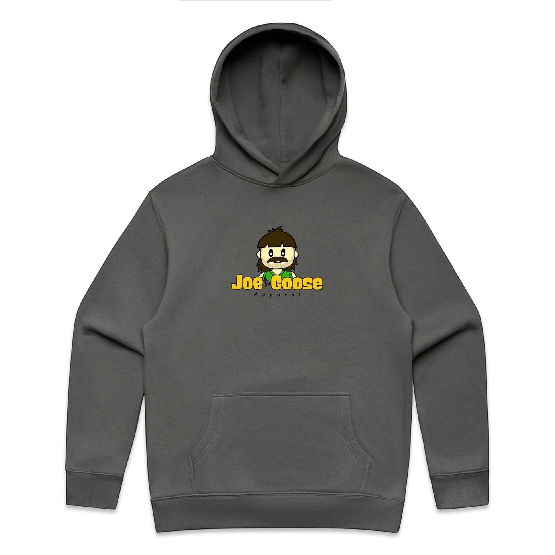 Joe the Goose Apparel charcoal grey cotton blend relaxed fit hoodie with kangaroo pocket and embroidered logo.