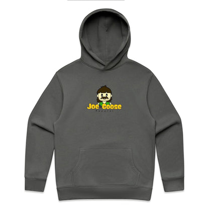 Joe the Goose Apparel charcoal grey cotton blend relaxed fit hoodie with kangaroo pocket and embroidered logo.