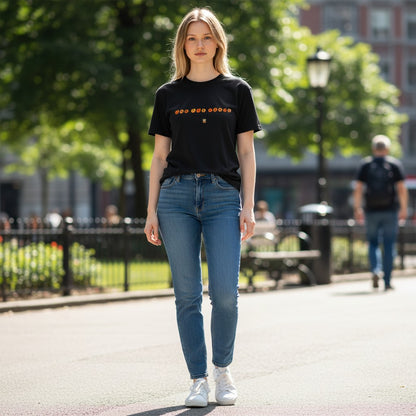 Woman wearing a black Joe the Goose Apparel Circles Goose classic cotton t-shirt with blue jeans in a park.