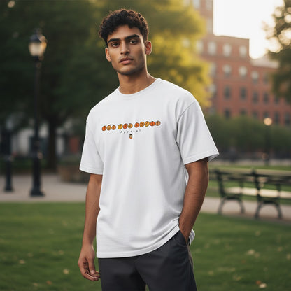 A man wearing a white Joe the Goose Apparel heavy cotton classic tee with a graphic print in a park setting.