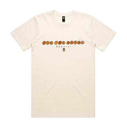 Joe the Goose Apparel cream 100% combed cotton classic fit t-shirt with orange circular text logo and small goose graphic.