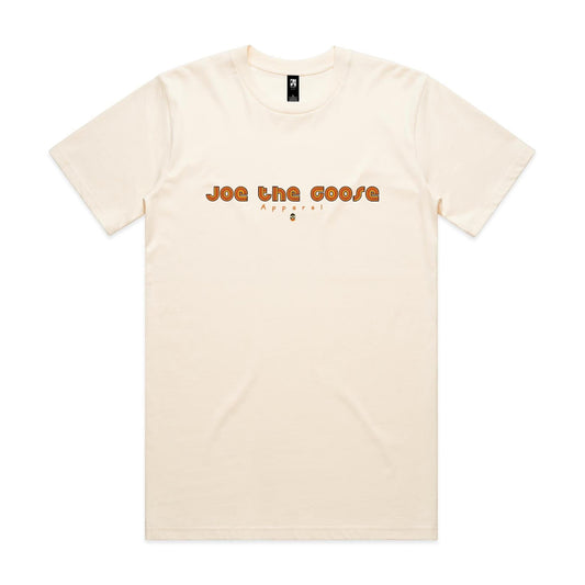 Joe the Goose Apparel cream 100% combed cotton classic fit t-shirt with orange retro logo.