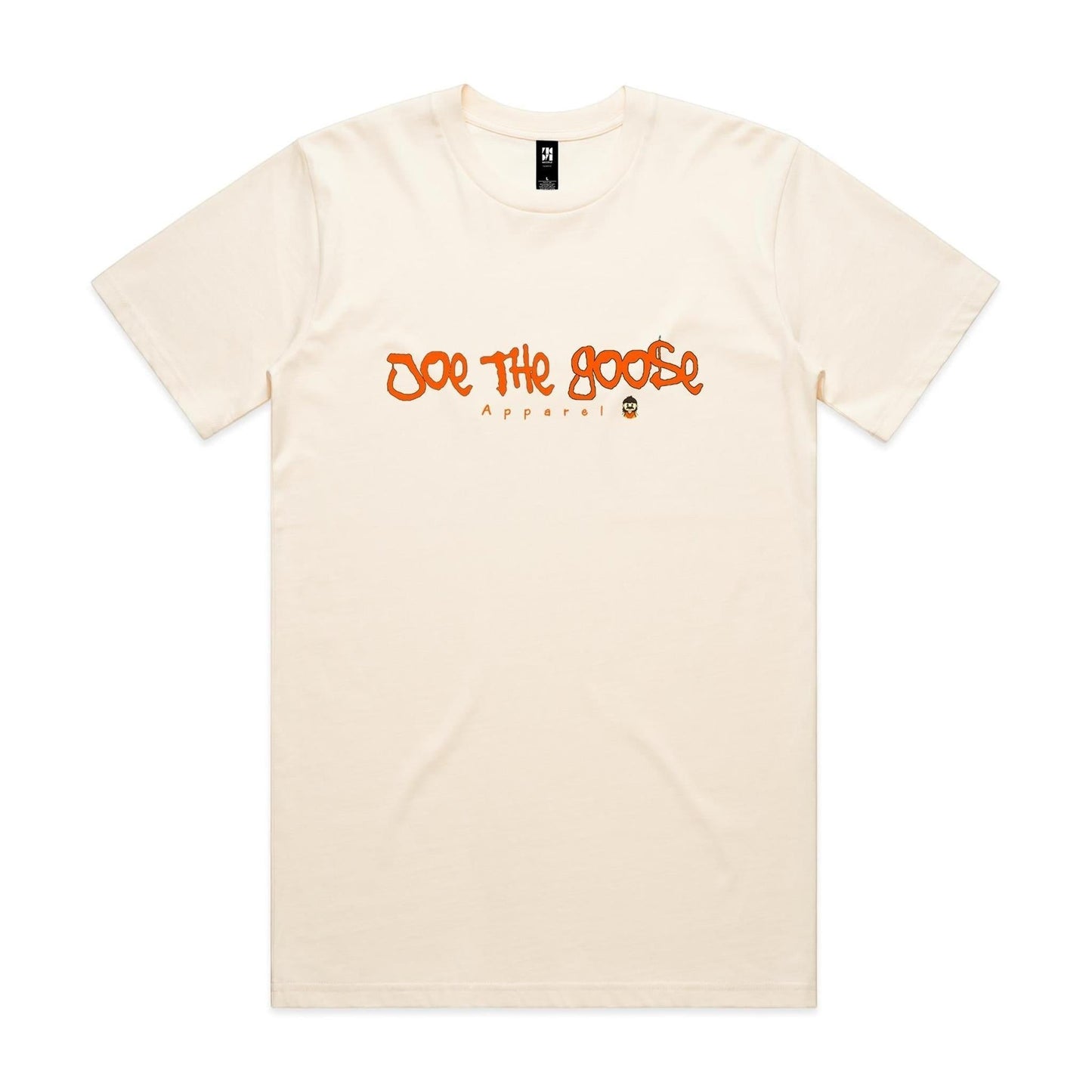 Joe the Goose Apparel cream 100% combed cotton t-shirt with orange graffiti-style logo and "Apparel" text below.