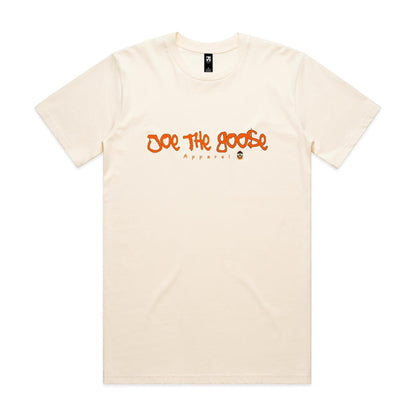 Joe the Goose Apparel cream 100% combed cotton t-shirt with orange graffiti-style logo and "Apparel" text below.