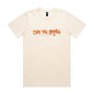 Joe the Goose Apparel cream 100% combed cotton t-shirt with orange graffiti-style logo and "Apparel" text below.