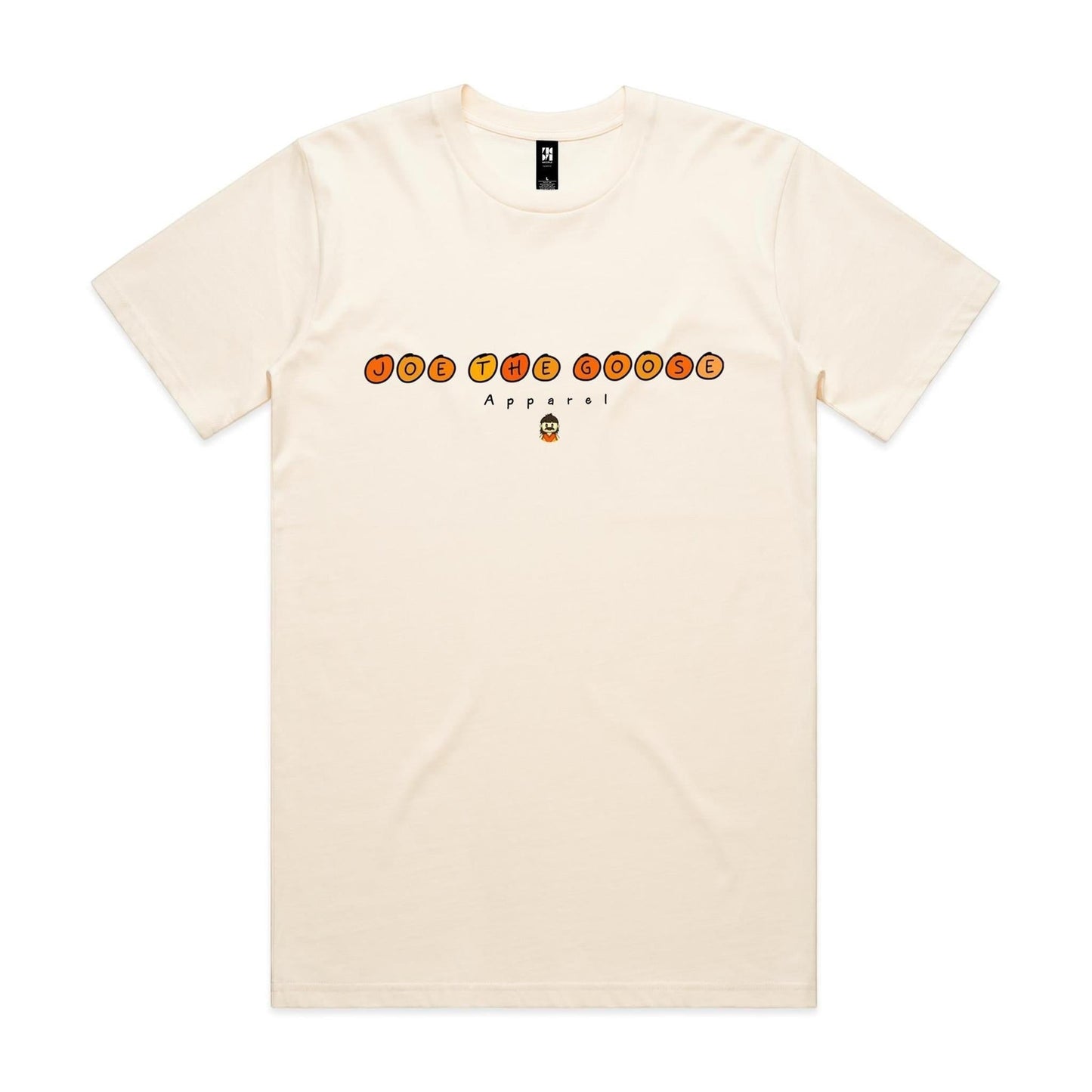 Joe the Goose Apparel cream 100% combed cotton classic fit t-shirt with orange circular text logo and small goose graphic.