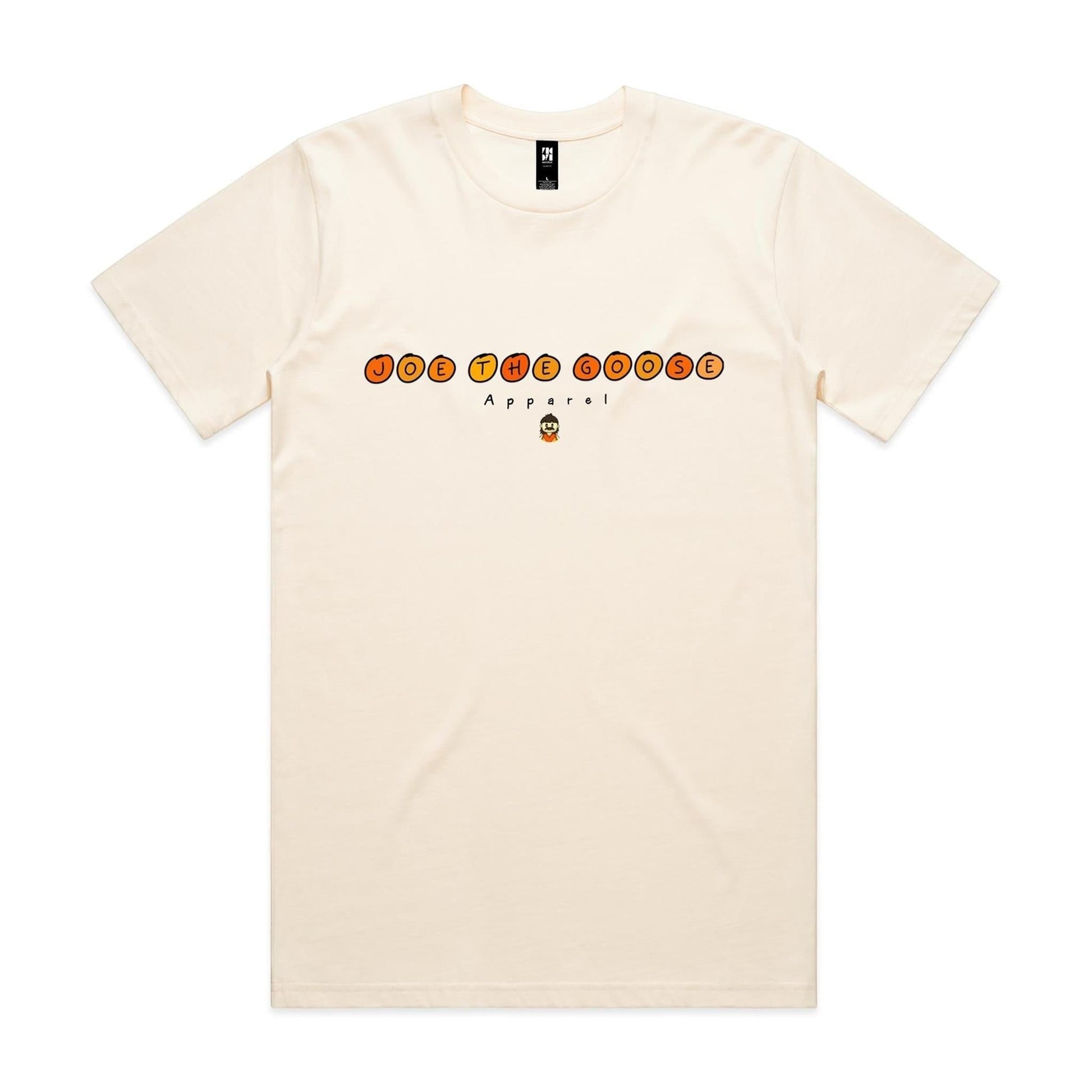 Joe the Goose Apparel cream 100% combed cotton classic fit t-shirt with orange circular text logo and small goose graphic.