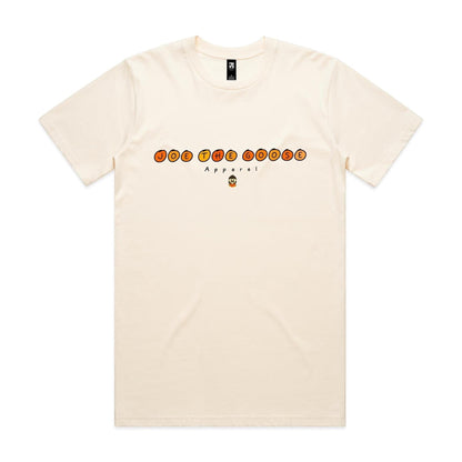 Joe the Goose Apparel cream 100% combed cotton classic fit t-shirt with orange circular text logo and small goose graphic.