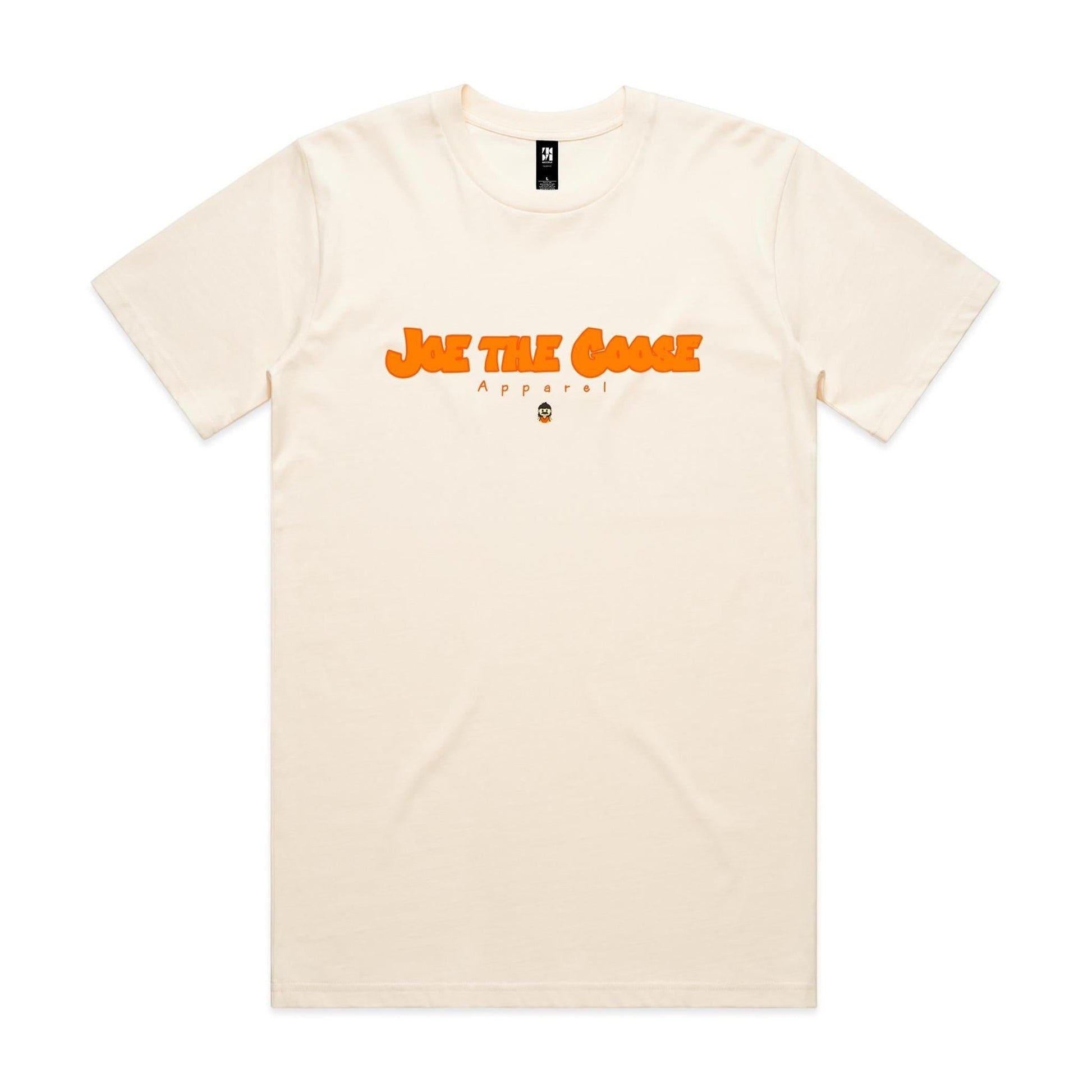 Joe the Goose Apparel cream cotton t-shirt with orange fat lettering graphic and small goose logo.