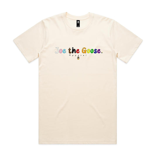 Joe the Goose Apparel cream 100% combed cotton classic fit t-shirt with rainbow text logo and small goose graphic.