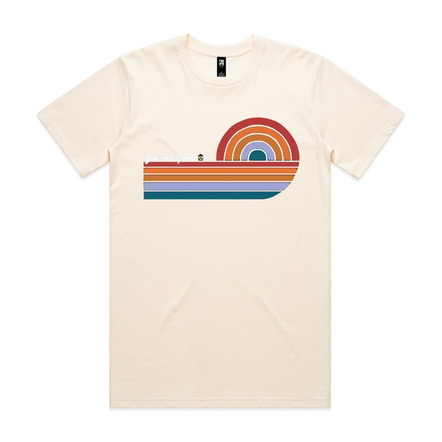 Joe the Goose Apparel cream 100% combed cotton classic fit t-shirt with retro wave rainbow graphic and text.