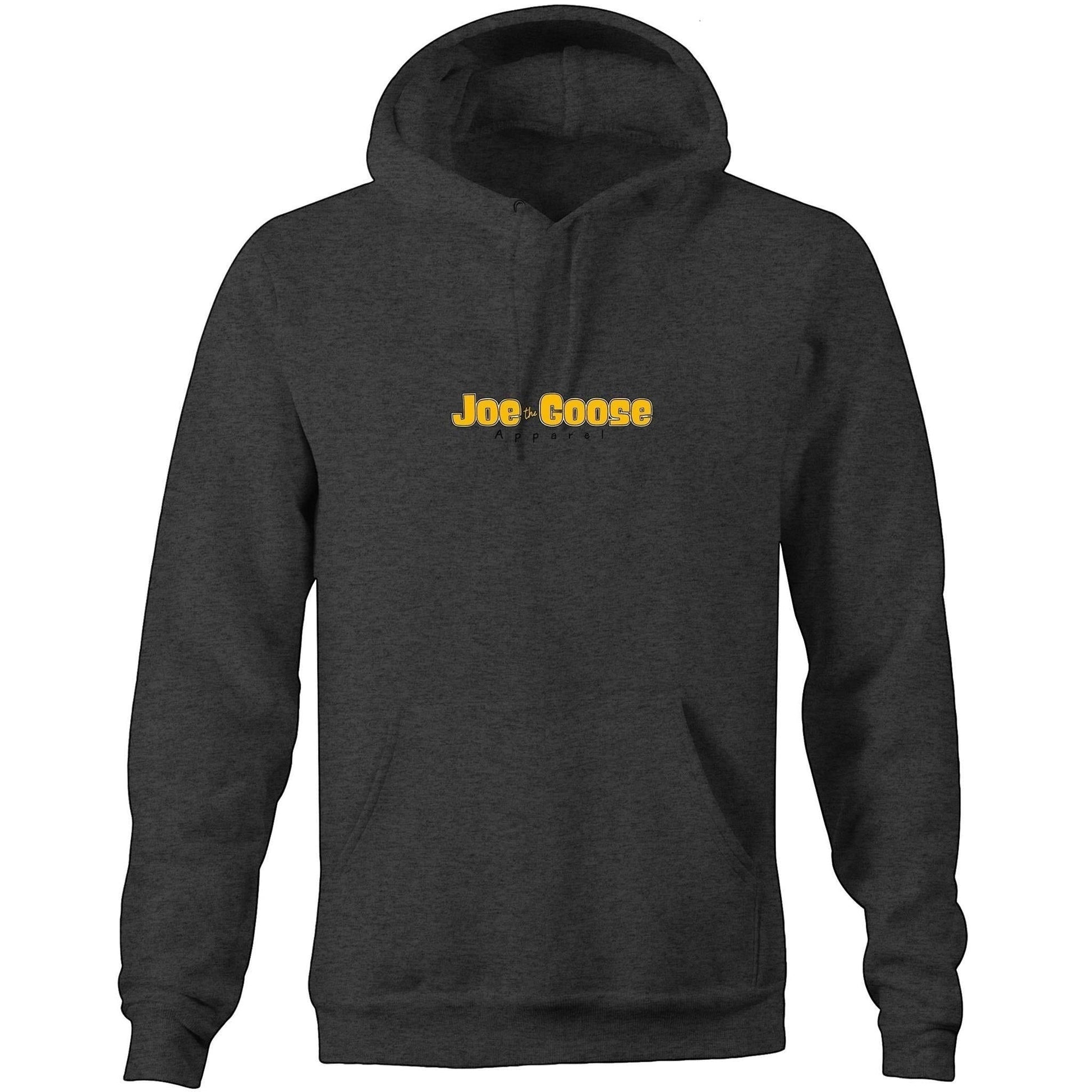 Joe the Goose Apparel unisex dark grey pullover hoodie with kangaroo pocket and yellow logo.