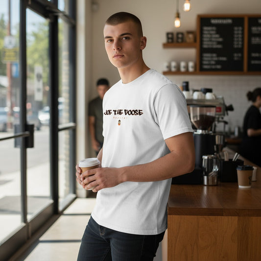 Man wearing a white Joe the Goose Apparel Graffiti Goose 1 classic cotton t-shirt while holding a coffee in a cafe.