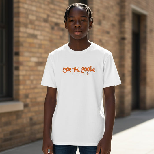 Young man wearing a white Joe the Goose Apparel Graffiti Goose 2 classic cotton t-shirt with orange logo print.