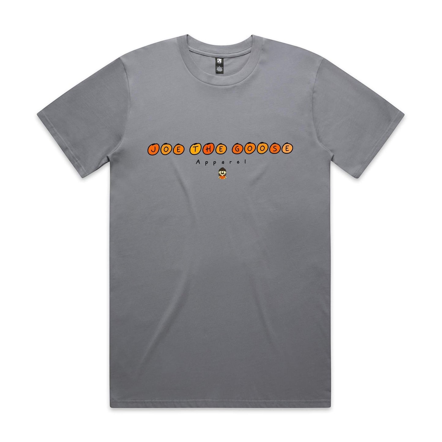 Joe the Goose Apparel grey classic fit 100% combed cotton t-shirt with orange circular text logo and small character graphic.