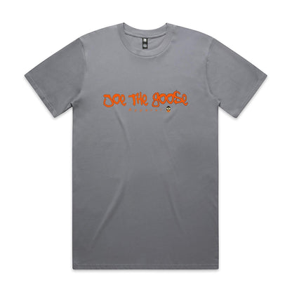 Joe the Goose Apparel grey 100% combed cotton classic fit t-shirt with orange graffiti logo.