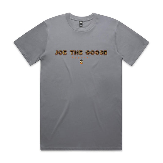 Joe the Goose Apparel grey 100% combed cotton classic fit t-shirt with orange and black text logo.