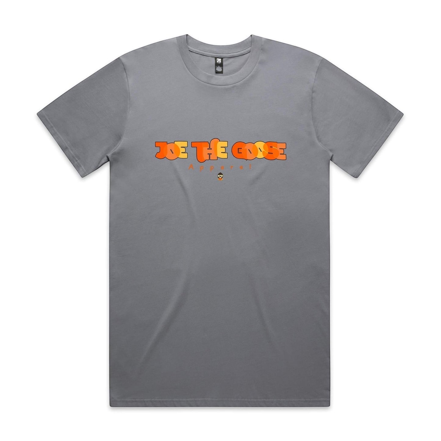 Joe the Goose Apparel grey cotton t-shirt with orange and yellow stained glass effect logo on the chest.