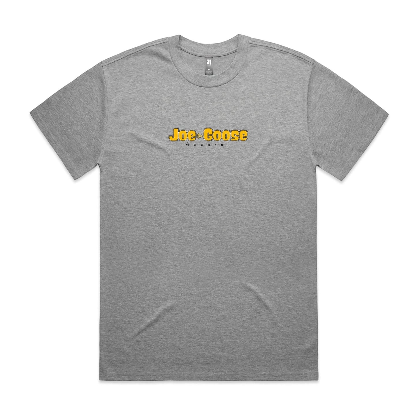 Joe the Goose Apparel grey heavy weight 100% cotton t-shirt with yellow brand logo on chest and relaxed fit.