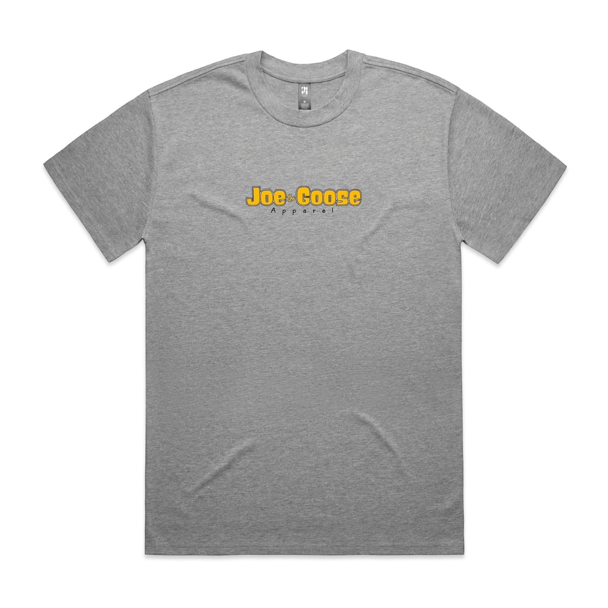 Joe the Goose Apparel grey heavy weight 100% cotton t-shirt with yellow brand logo on chest and relaxed fit.