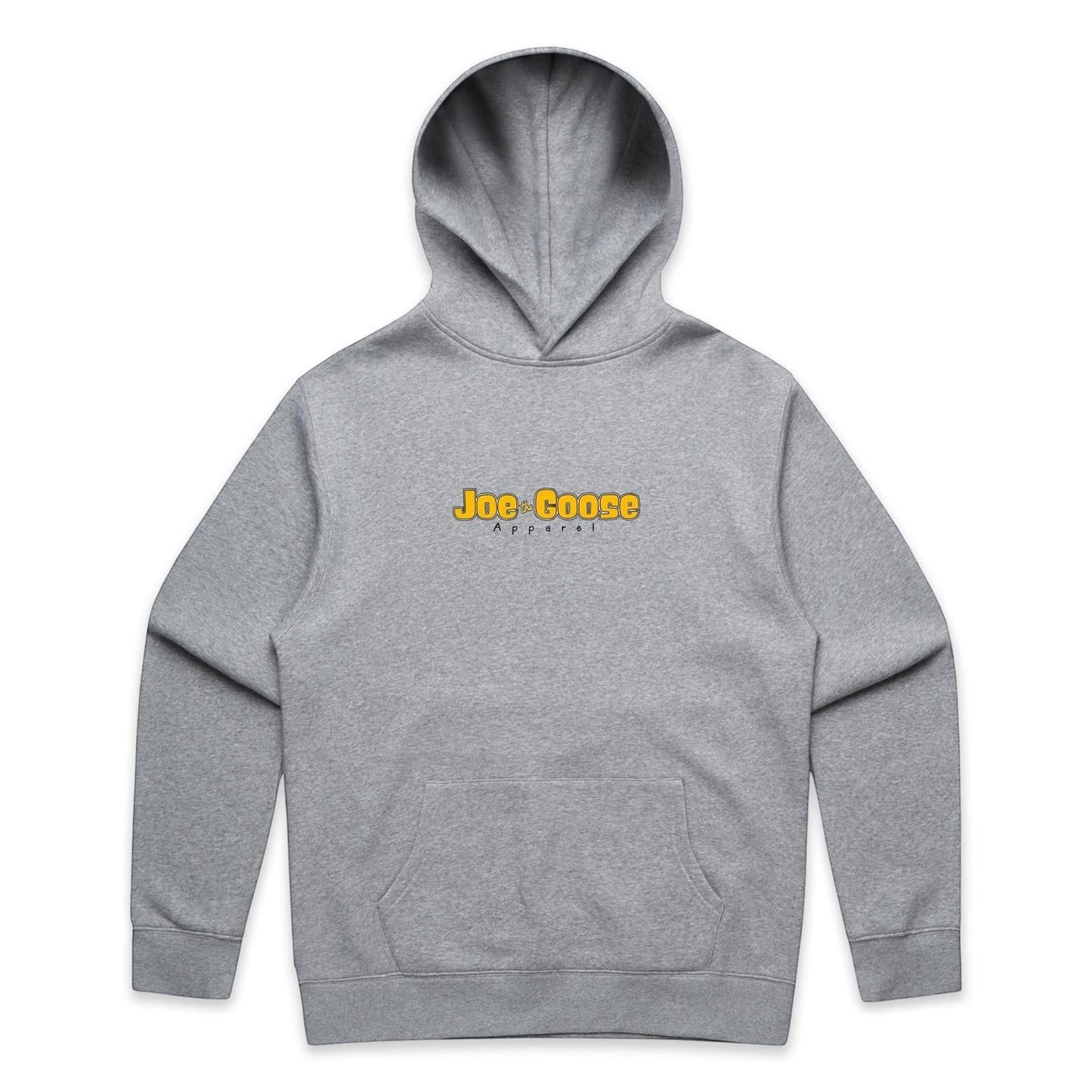 Joe the Goose Apparel grey cotton blend relaxed fit hoodie with kangaroo pocket and logo.