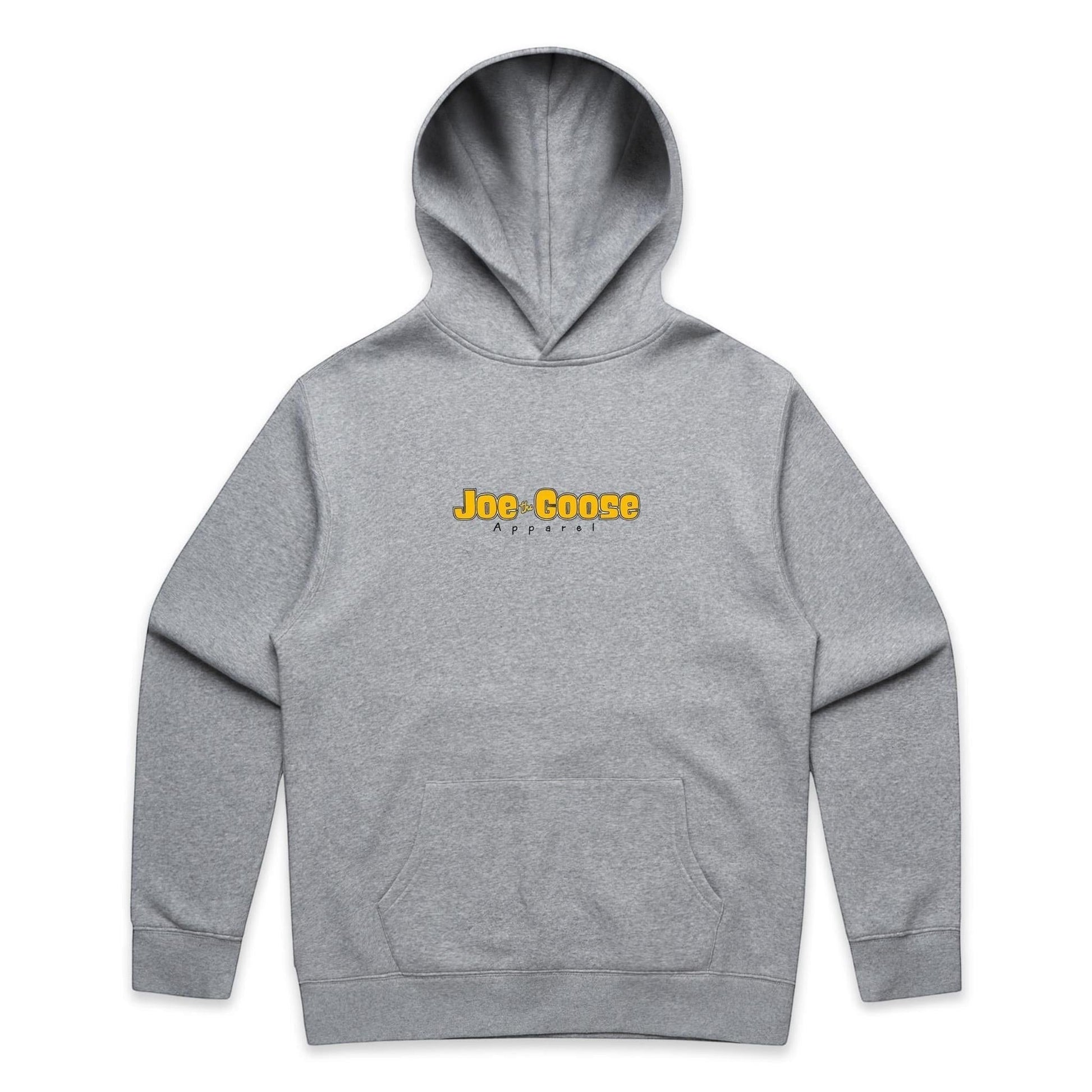 Joe the Goose Apparel grey cotton blend relaxed fit hoodie with kangaroo pocket and logo.