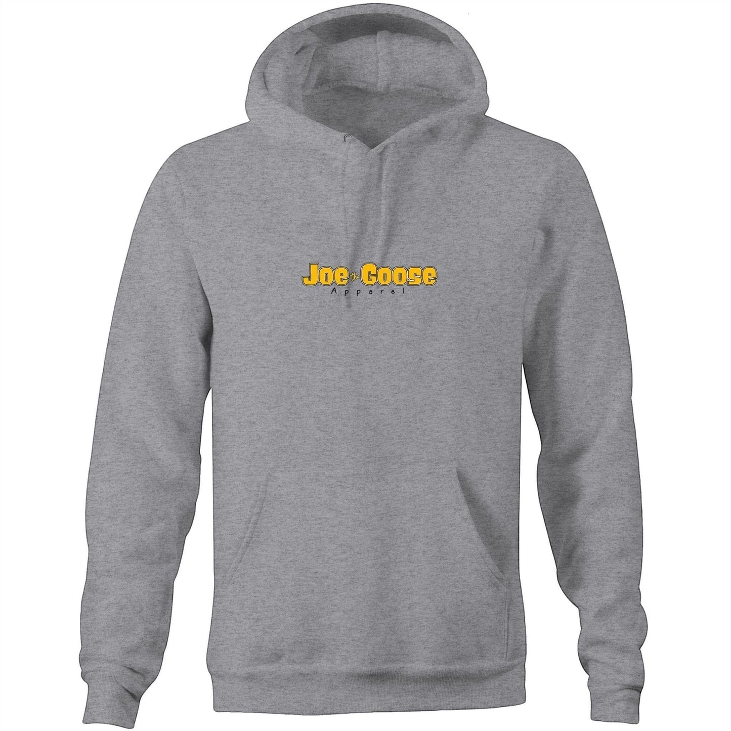 Joe the Goose Apparel grey unisex pullover hoodie with kangaroo pocket and logo. 80% cotton, 20% polyester fleece.