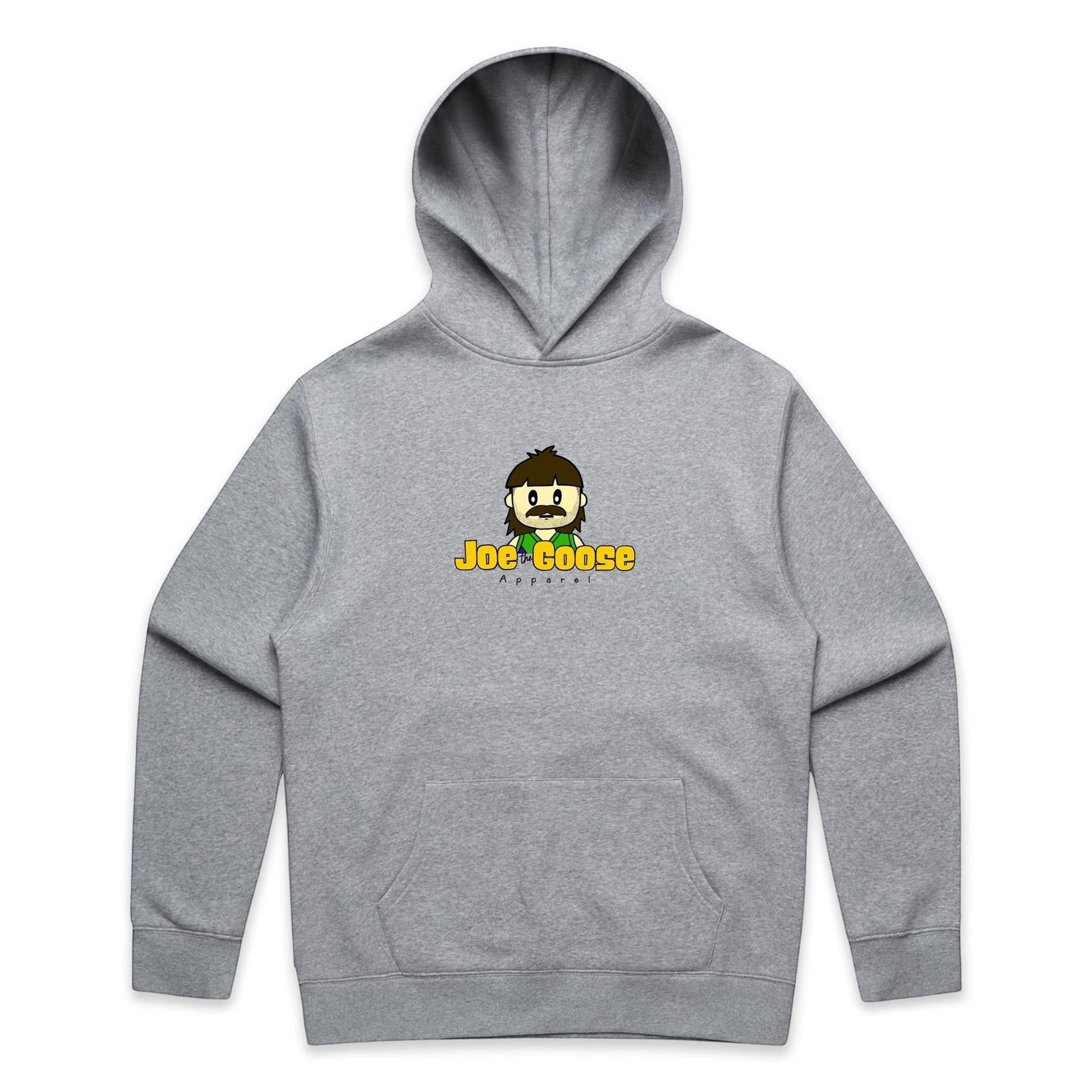 Joe the Goose Apparel grey cotton blend relaxed fit hooded sweatshirt with kangaroo pocket and cartoon logo.