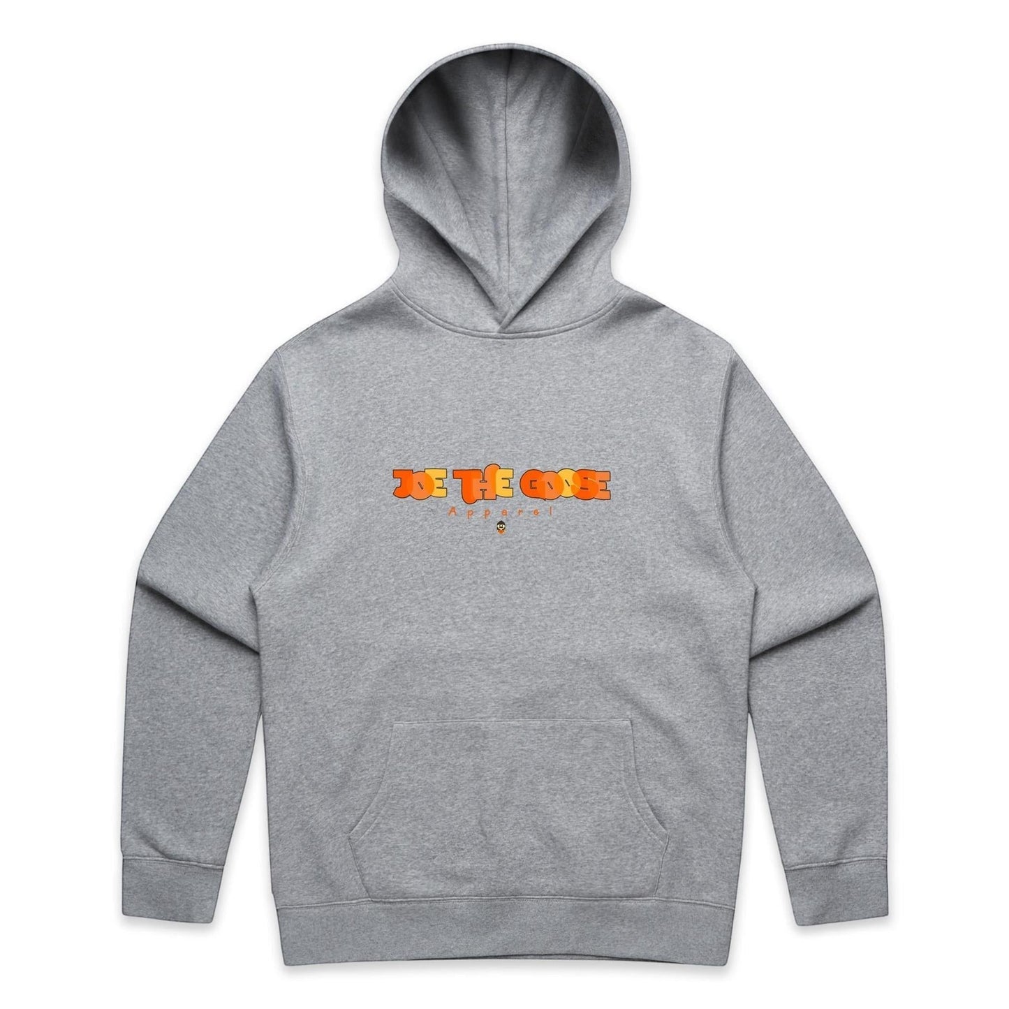 Joe the Goose Apparel grey cotton blend hooded sweatshirt with orange and yellow graphic logo on chest and front pocket.