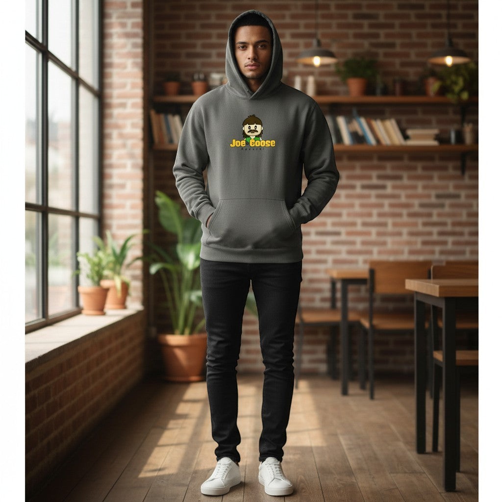 Joe the Goose Apparel grey cotton blend hoodie with kangaroo pocket and graphic logo on chest. Model is wearing black jeans and white sneakers.