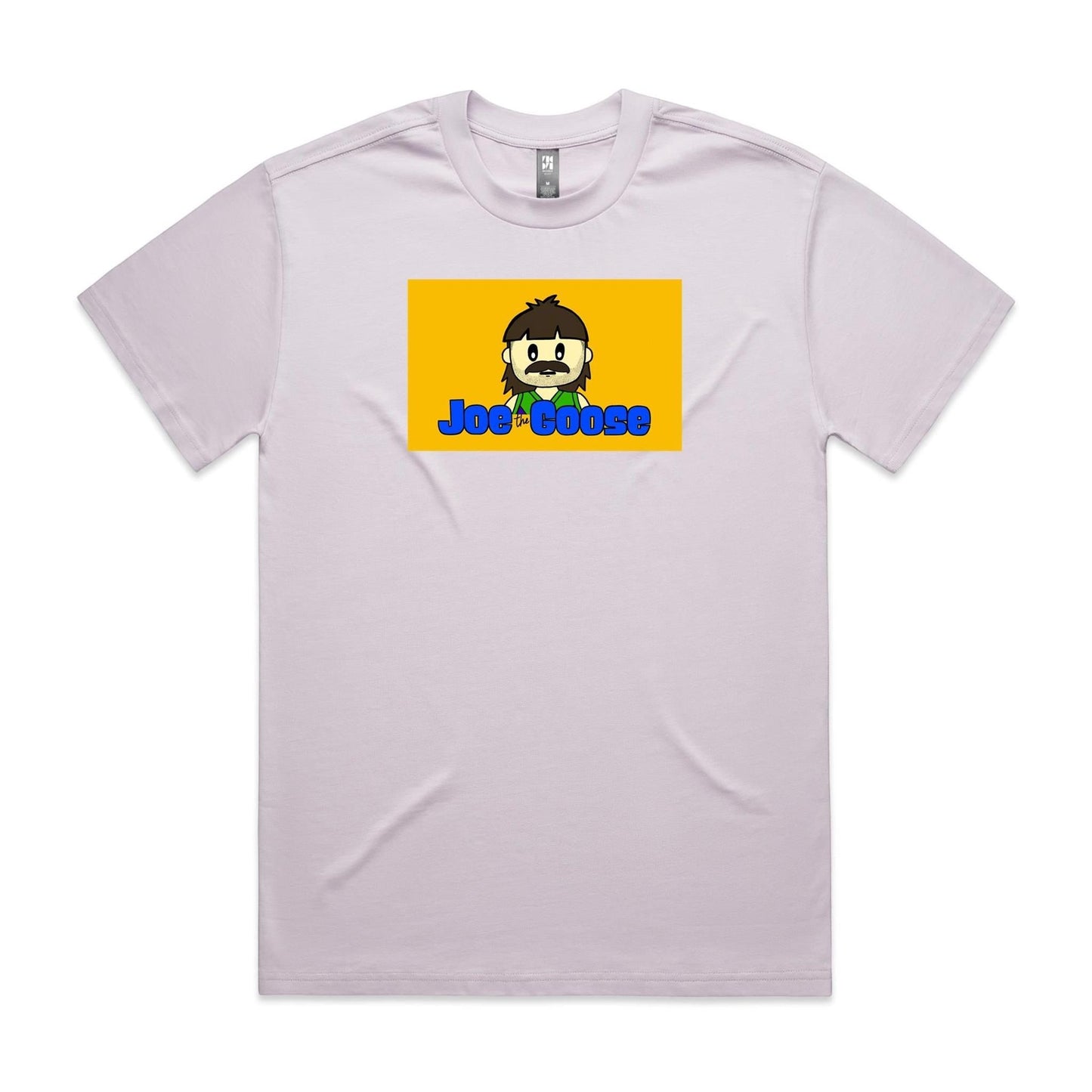 Joe the Goose Apparel heavy cotton t-shirt in light purple with a yellow graphic print featuring a cartoon character.