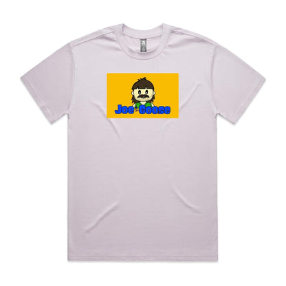 Joe the Goose Apparel heavy cotton t-shirt in light purple with a yellow graphic print featuring a cartoon character.