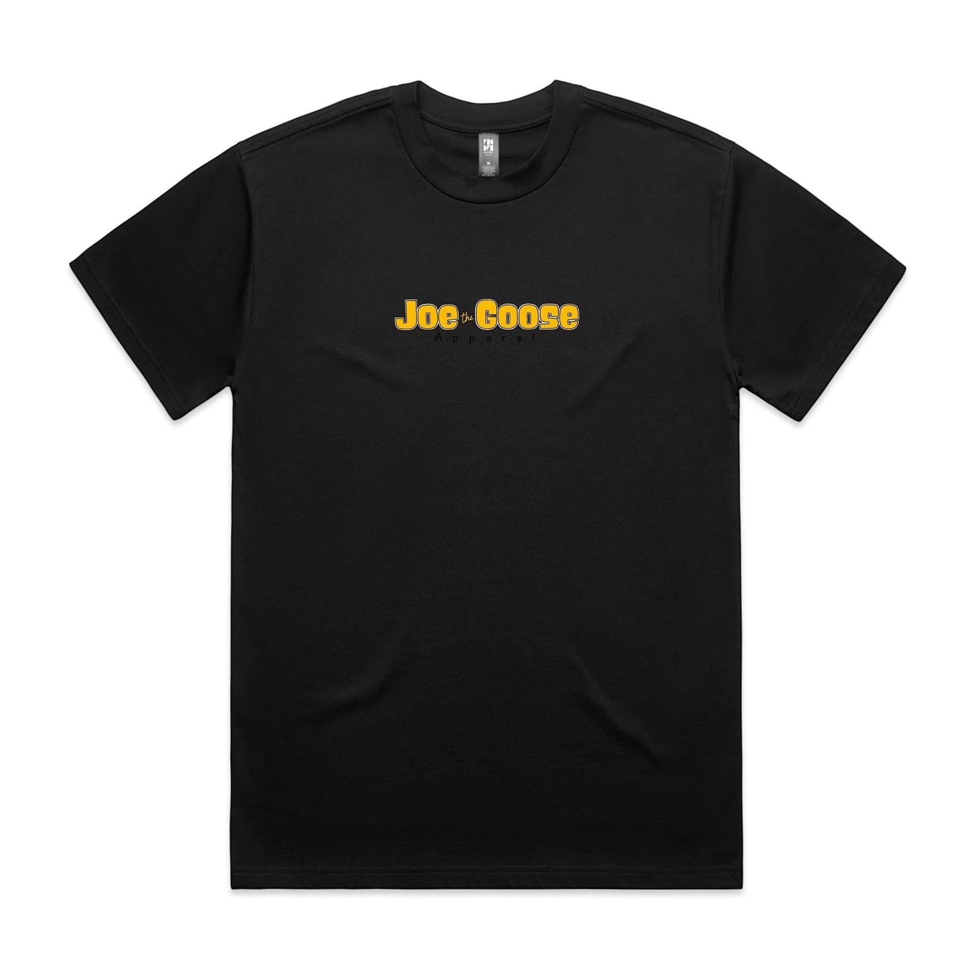 Joe the Goose Apparel black heavy weight 100% cotton relaxed fit t-shirt with yellow chest logo