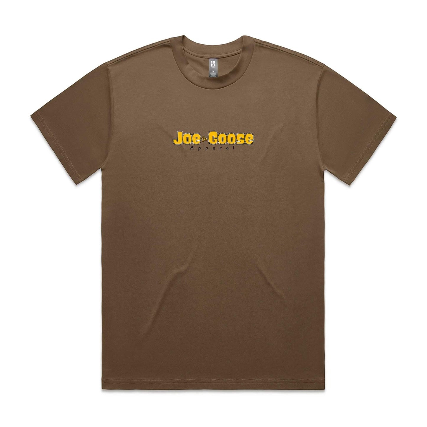 Joe the Goose Apparel brown heavy weight 100% cotton relaxed fit t-shirt with yellow logo print on the chest.