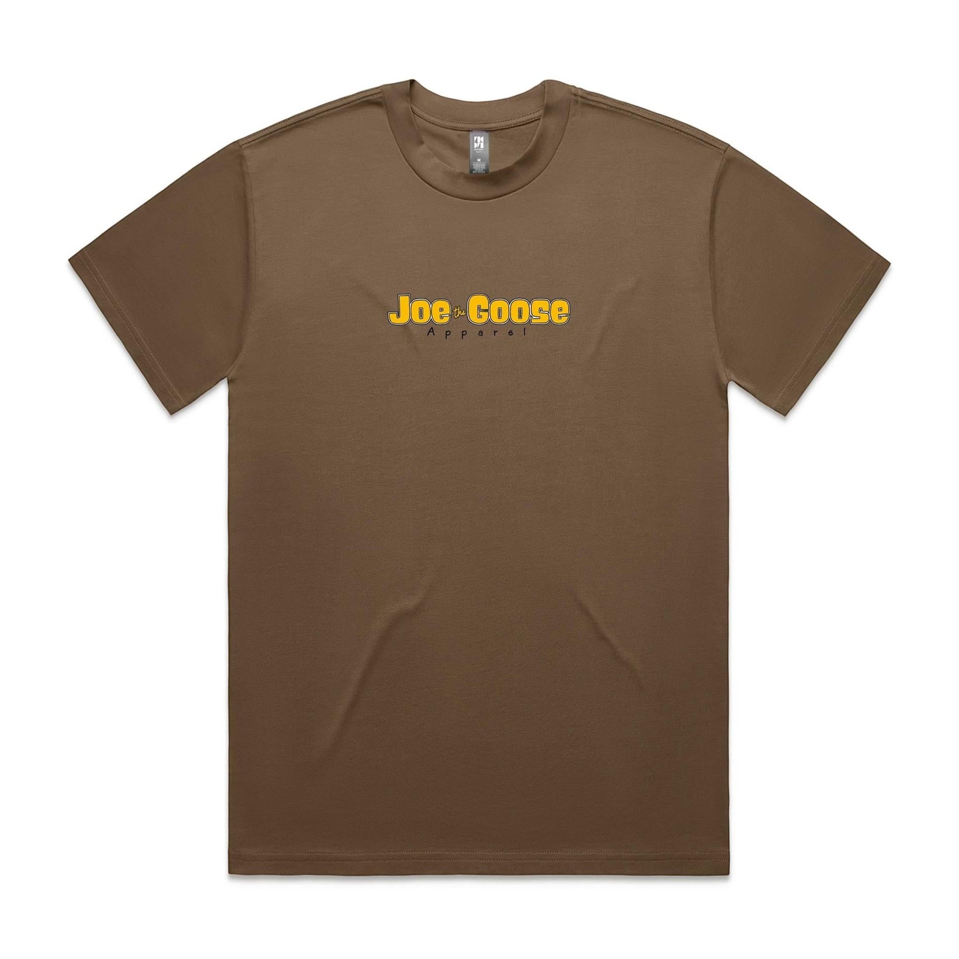 Joe the Goose Apparel brown heavy weight 100% cotton relaxed fit t-shirt with yellow logo print on the chest.