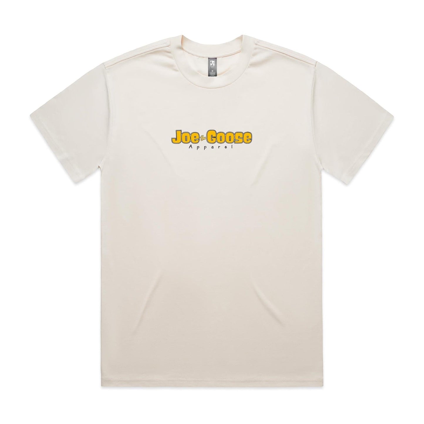 Joe the Goose Apparel heavy weight cream cotton t-shirt with relaxed fit and yellow brand logo on the chest.