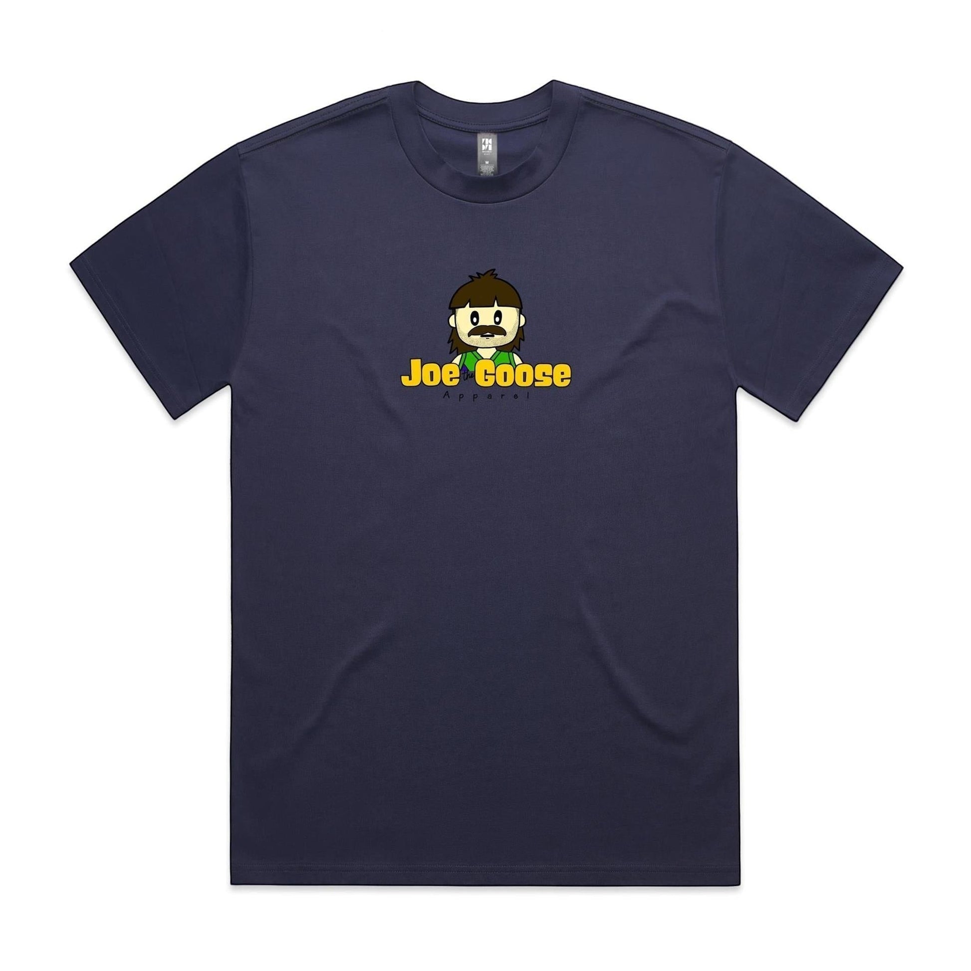 Joe the Goose Apparel navy blue heavy weight cotton t-shirt with a cartoon character logo on the chest.