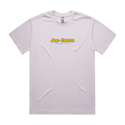 Joe the Goose Apparel light purple heavy weight cotton t-shirt with yellow brand logo on the chest.