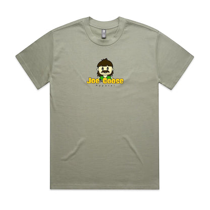 Joe the Goose Apparel sage green heavy cotton t-shirt with a cartoon character logo on the chest.