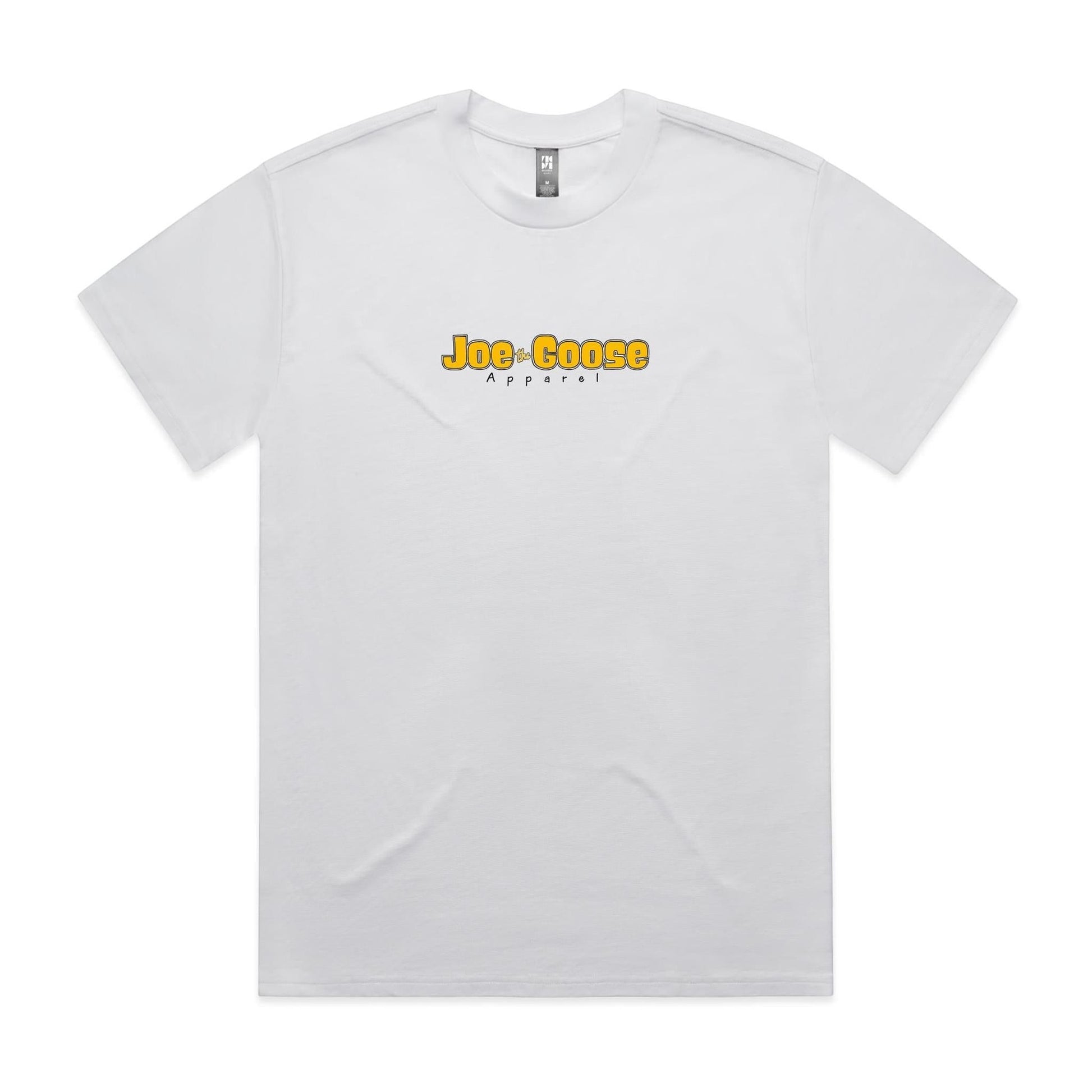 Joe the Goose Apparel white heavy weight 100% cotton t-shirt with yellow brand logo on chest, relaxed fit.