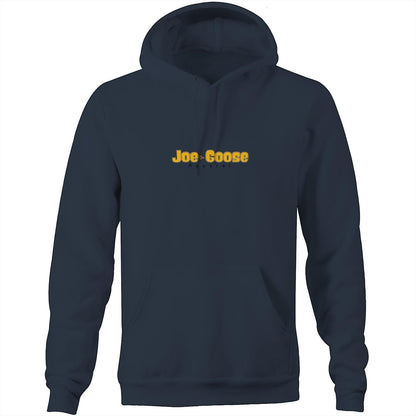 Joe the Goose Apparel navy blue unisex fleece hoodie with kangaroo pocket and logo.
