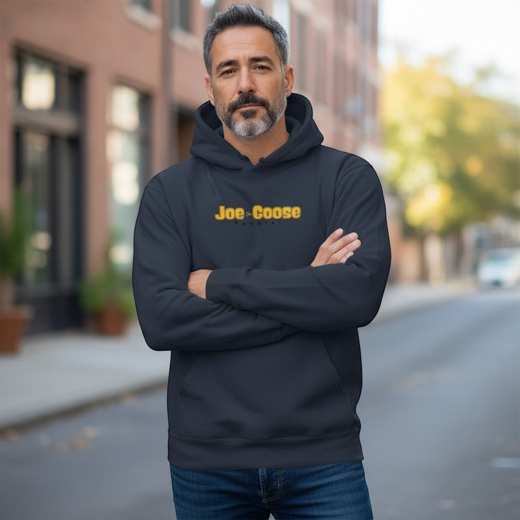 Joe the Goose Apparel navy blue unisex fleece hoodie with yellow logo, kangaroo pocket, and drawstring hood.