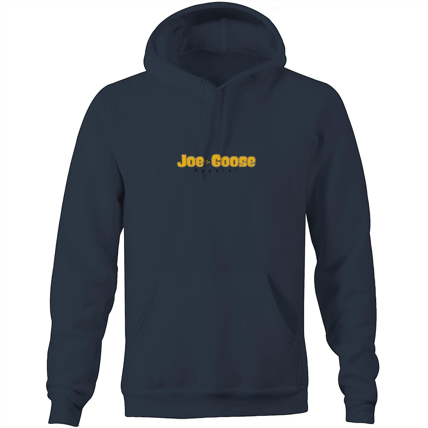 Joe the Goose Apparel navy blue unisex fleece hoodie with kangaroo pocket and drawstring hood.