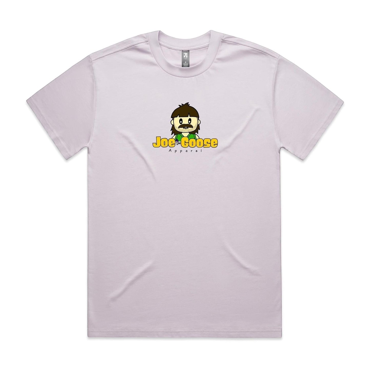 Joe the Goose Apparel light purple heavy weight cotton t-shirt with a cartoon character logo on the chest.