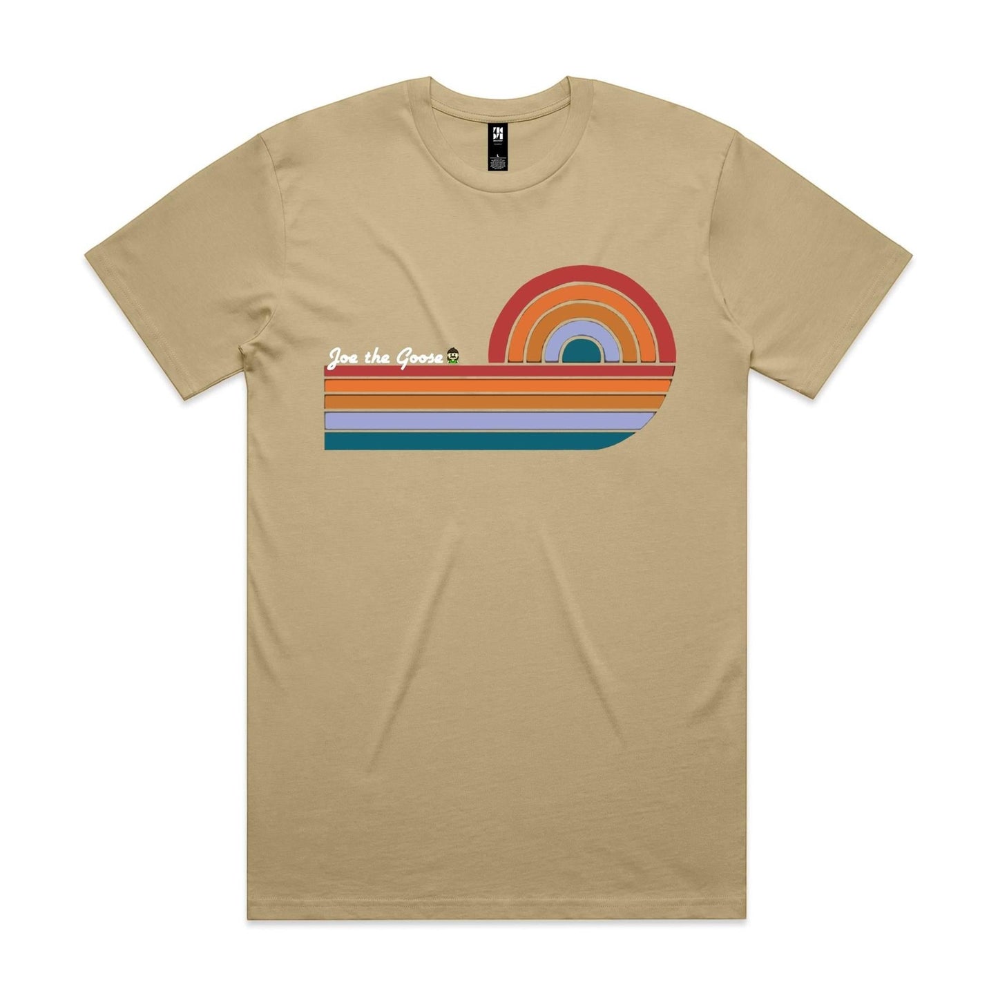 Joe the Goose Apparel tan 100% combed cotton classic fit tee with retro wave graphic and logo.