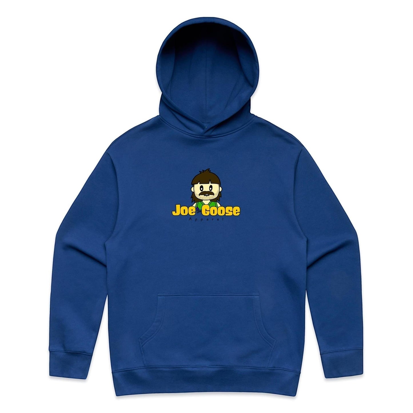Joe the Goose Apparel royal blue cotton blend hooded sweatshirt with kangaroo pocket and cartoon logo.